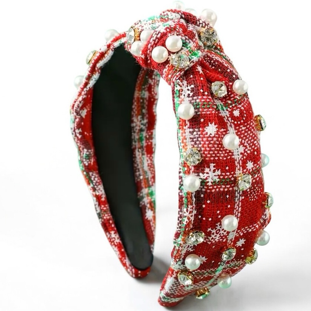 Red Plaid Christmas Beaded Faux Pearl Knot Headband Festive Holiday Sparkle